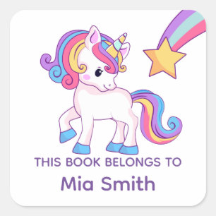 Pastel Unicorn  "This Book Belongs" Kids Name Square Sticker