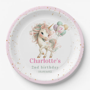 Pastel Unicorn with Balloons Birthday Paper Plate