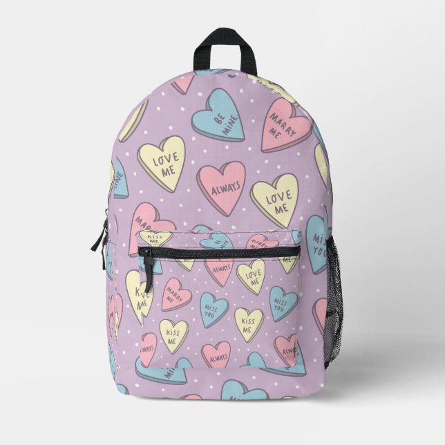 pastel valentines day heart candy  printed backpack (Front)