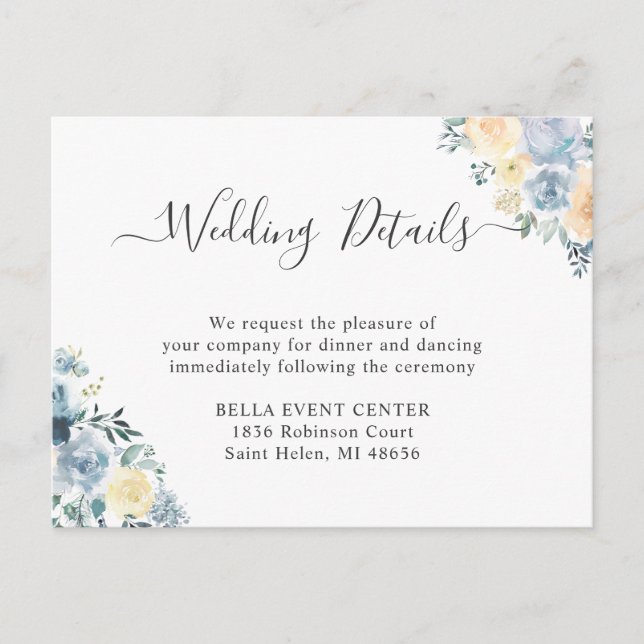 Pastel Vanilla Blue Floral Wedding Details Card (Front)