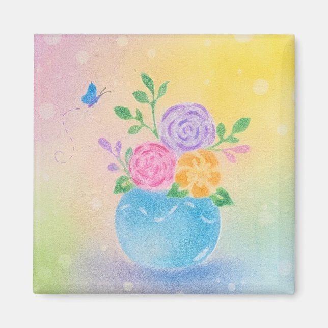 Pastel Vase Flowers Butterfly Art Magnet (Front)