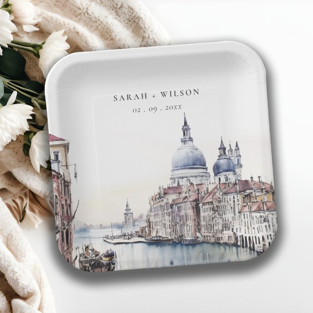 Pastel Venice Italy Canals Watercolor Wedding Paper Plate (Creator Uploaded)