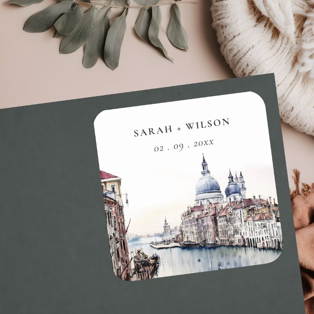 Pastel Venice Italy Canals Watercolor Wedding Square Sticker (Creator Uploaded)