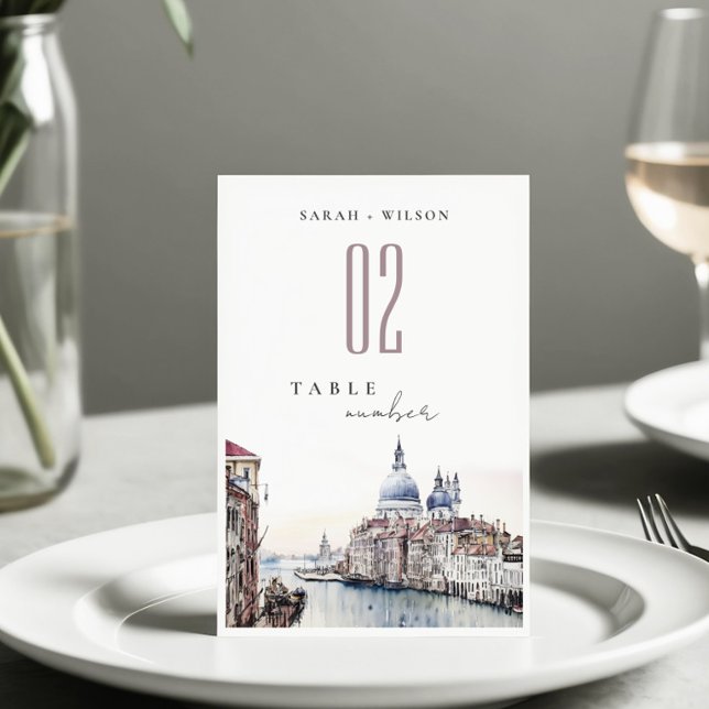 Pastel Venice Italy Canals Watercolor Wedding Table Number (Creator Uploaded)