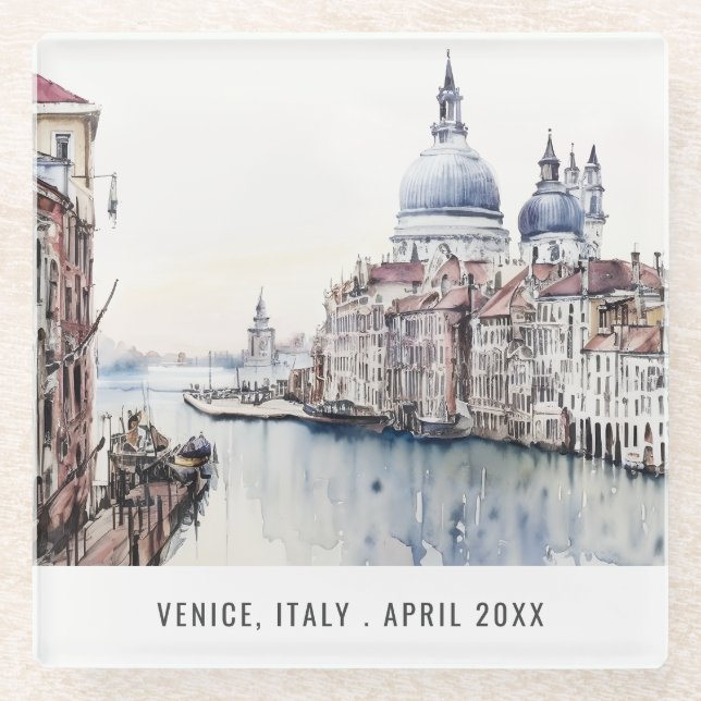 Pastel Venice Italy Watercolor Italian Travel Glass Coaster (Front)