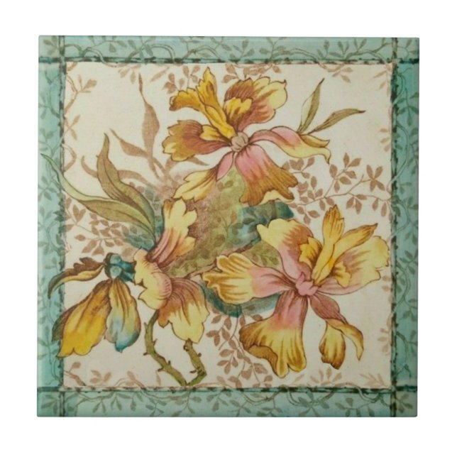 Pastel Victorian Hand Coloured Floral Reproduction Tile (Front)