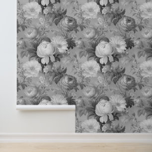 Pastel Victorian Vintage Floral Peony Grayscale Wallpaper