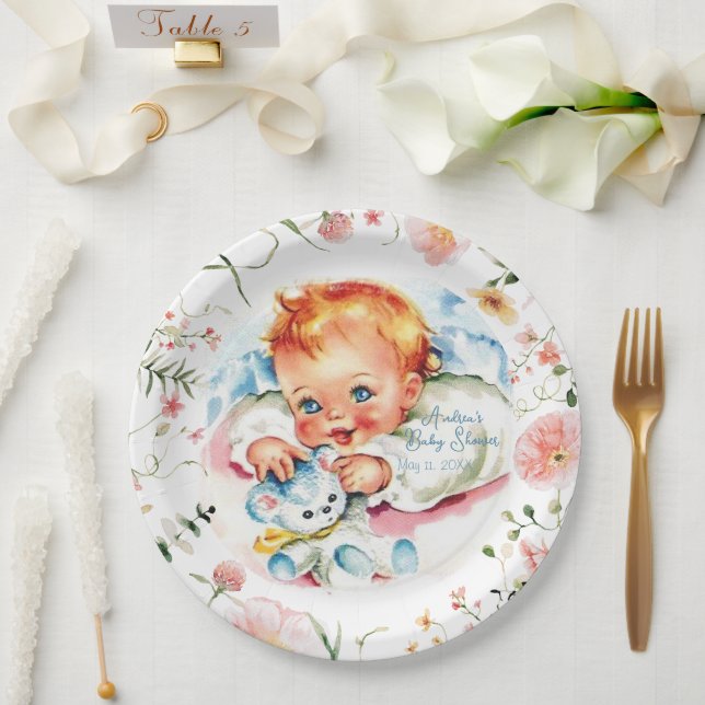 Pastel Vintage Baby Girl Baby Shower Paper Plate (Wedding)