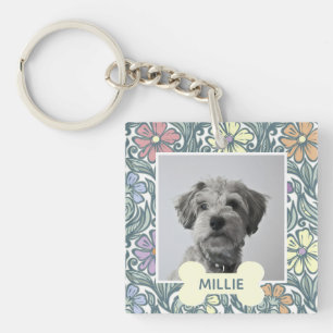 Pastel Vintage Floral Custom Dog Photo Key Ring