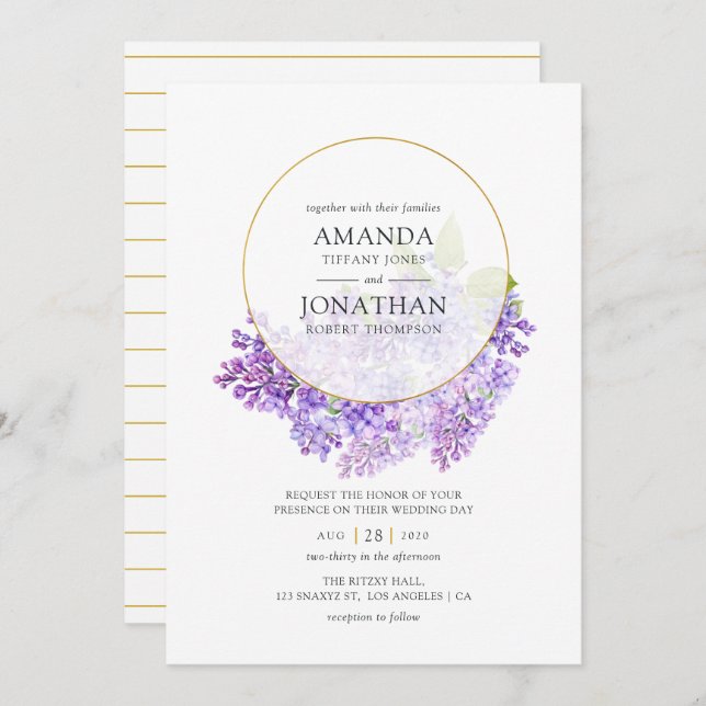 Pastel Violet and Gold Geometric Herbarium Wedding Invitation (Front/Back)