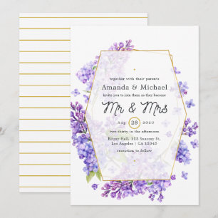 Pastel Violet and Gold Geometric Herbarium Wedding Invitation