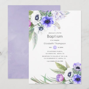 Pastel Violet and Plum Floral Baptism Invitation