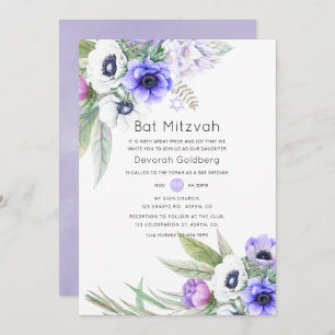 Pastel Violet and Plum Floral Bat Mitzvah Invitation