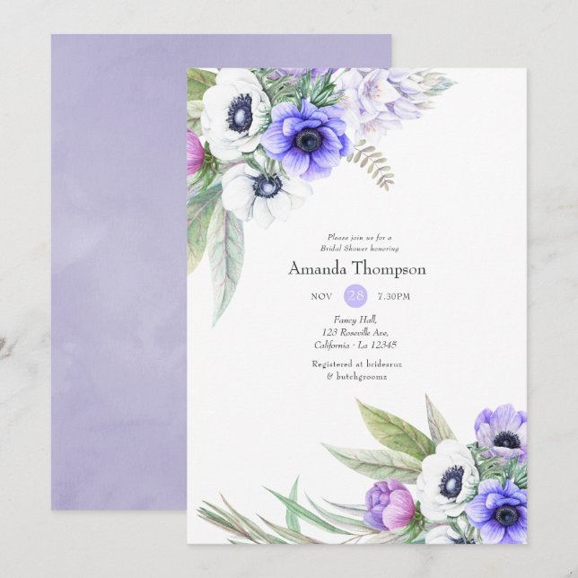 Pastel Violet and Plum Floral Bridal Shower Invitation (Front/Back)