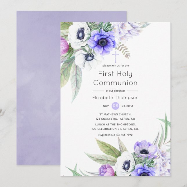 Pastel Violet and Plum Floral Holy Communion Invitation (Front/Back)