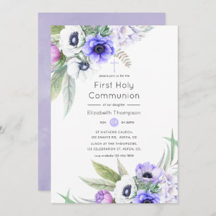 Pastel Violet and Plum Floral Holy Communion Invitation