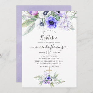 Pastel Violet Floral Baptism Invitation