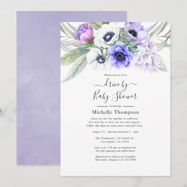 Pastel Violet Floral Drive By Bridal or Baby Showe Invitation (Front/Back)