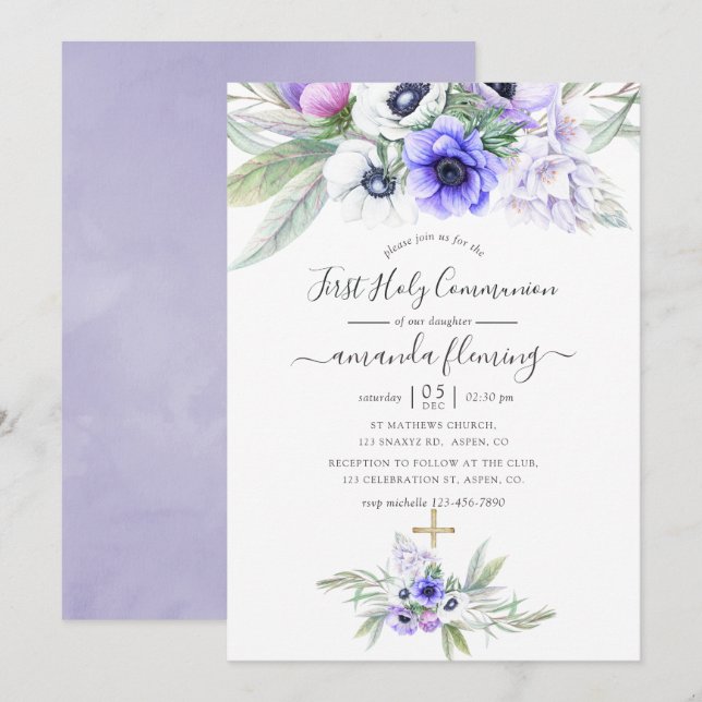 Pastel Violet Floral First Holy Communion Invitation (Front/Back)