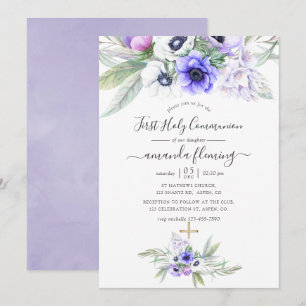 Pastel Violet Floral First Holy Communion Invitation