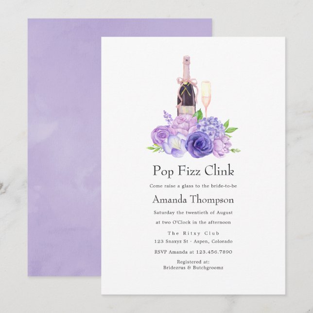 Pastel Violet Floral Pop Fizz Clink Bridal Shower Invitation (Front/Back)