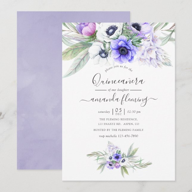Pastel Violet Floral Quinceañera Invitation (Front/Back)