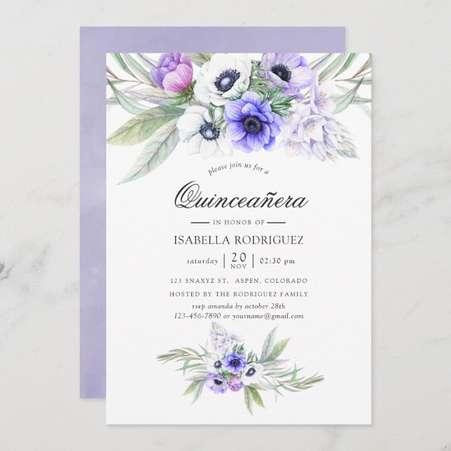 Pastel Violet Floral Quinceañera Invitation (Front/Back)