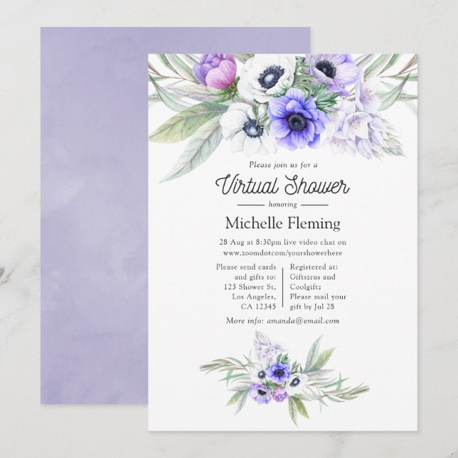 Pastel Violet Floral Virtual Shower Invitation (Front/Back)