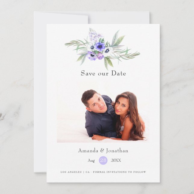 Pastel Violet Floral Wedding Photo Save The Date (Front)