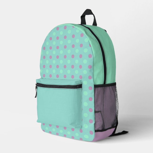 pastel violet, mint and teal polka dots printed backpack (Back Corner Right)