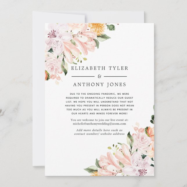 Pastel Violet & Pink Floral Reduced Wedding Guest Announcement (Front)