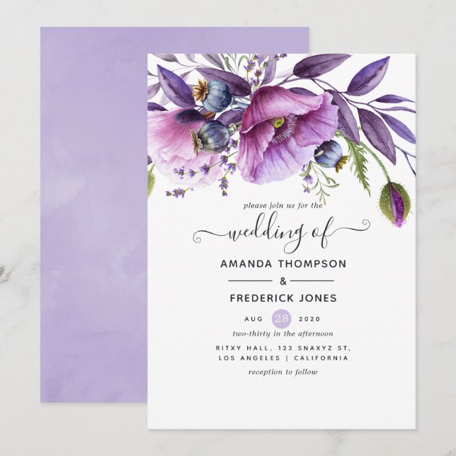 Pastel Violet Poppy Floral Wedding Invitation (Front/Back)