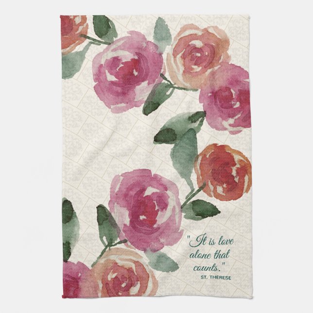 Pastel Water Colour Roses St. Therese Religious Tea Towel (Vertical)