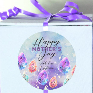 Pastel Watercolor and Ink Boho Leaves Mother's Day Classic Round Sticker