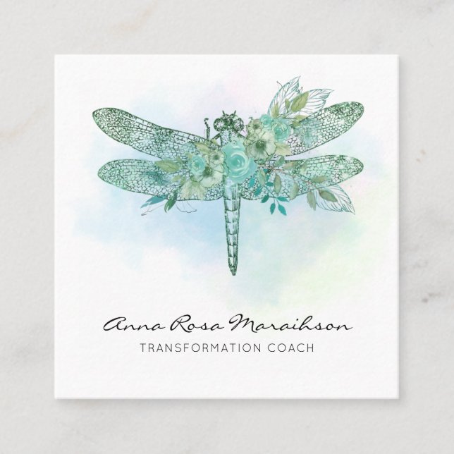 *~* Pastel Watercolor Aqua Pink Dragonfly  Square Business Card (Front)