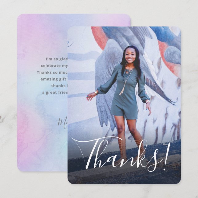 Pastel Watercolor Back Full Photo Purple Thank You Card (Front/Back)