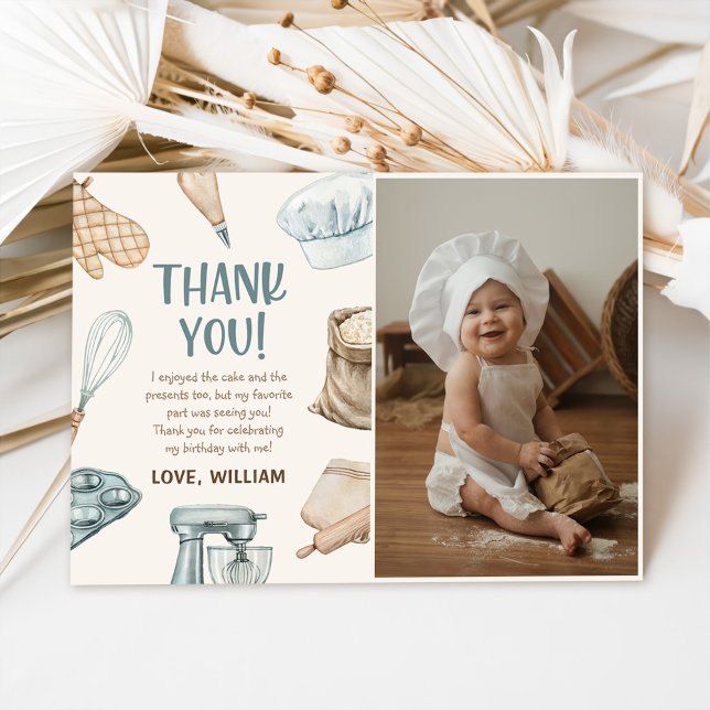 Pastel Watercolor Baking Boy Birthday Photo Thank You Card (Creator Uploaded)