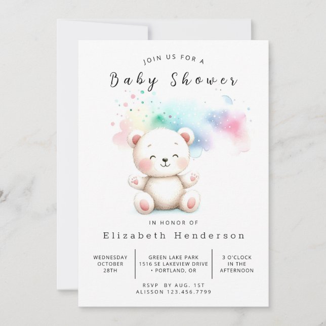 Pastel Watercolor Bear Baby Shower Invitation (Front)