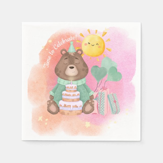 Pastel Watercolor Bear Birthday Napkin (Front)