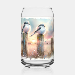 Pastel Watercolor Birds Fencepost Sunset Can Glass