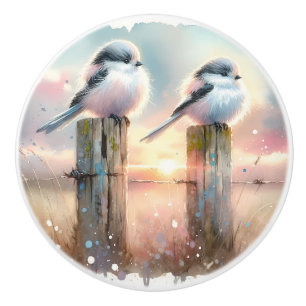 Pastel Watercolor Birds Fencepost Sunset Ceramic Knob