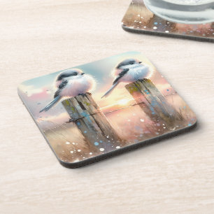 Pastel Watercolor Birds Fencepost Sunset Coaster