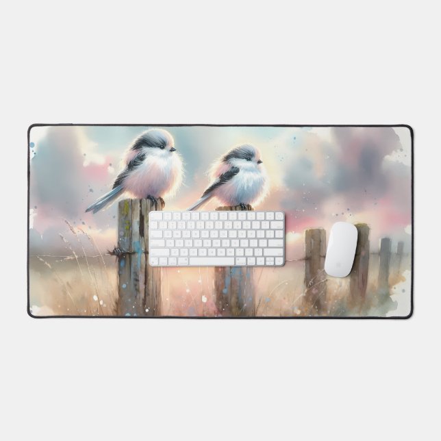 Pastel Watercolor Birds Fencepost Sunset Desk Mat (Keyboard & Mouse)
