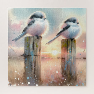 Pastel Watercolor Birds Fencepost Sunset Jigsaw Puzzle