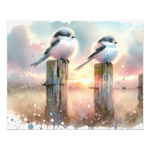 Pastel Watercolor Birds Fencepost Sunset Photo Print
