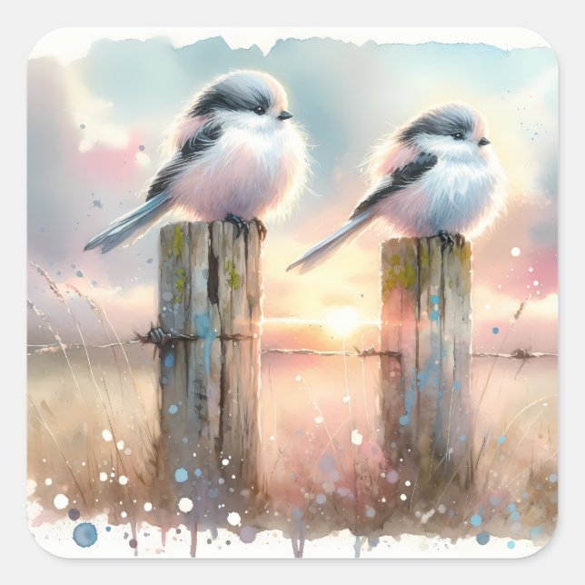 Pastel Watercolor Birds Fencepost Sunset Square Sticker (Front)