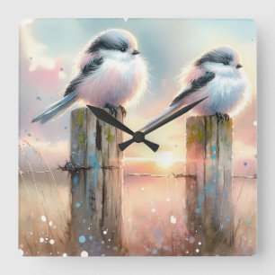 Pastel Watercolor Birds Fencepost Sunset Square Wall Clock