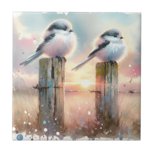 Pastel Watercolor Birds Fencepost Sunset Tile