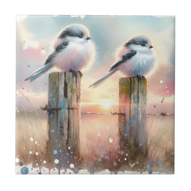 Pastel Watercolor Birds Fencepost Sunset Tile (Front)