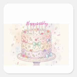 Pastel Watercolor Birthday Cake Notebook - Happy Square Sticker